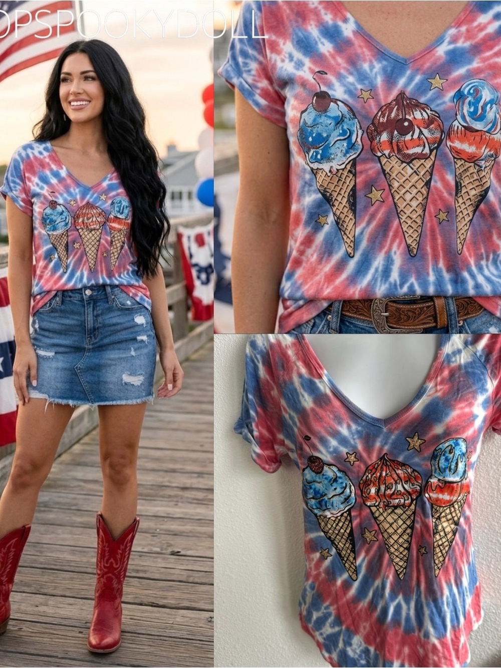 Tie-Dye Ice Cream Graphic V-Neck Tee - Red/Blue